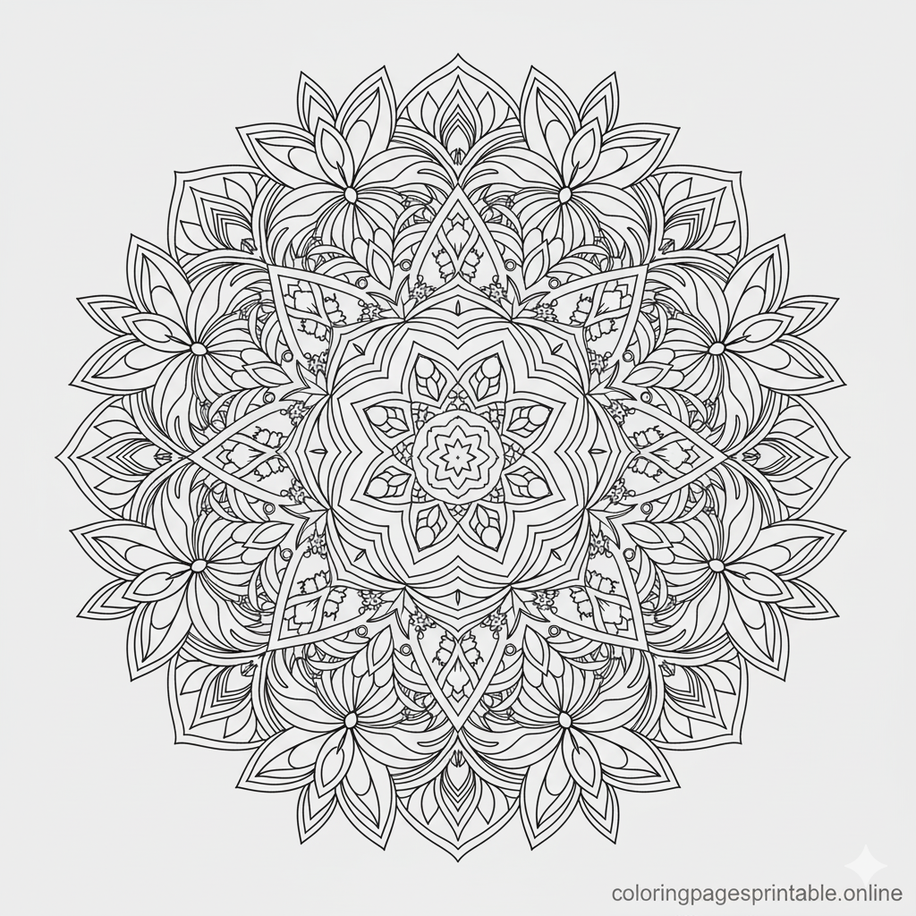 Free printable mandala-like coloring page for adults - intricate floral, geometric patterns for stress relief | coloringpagesprintable.online